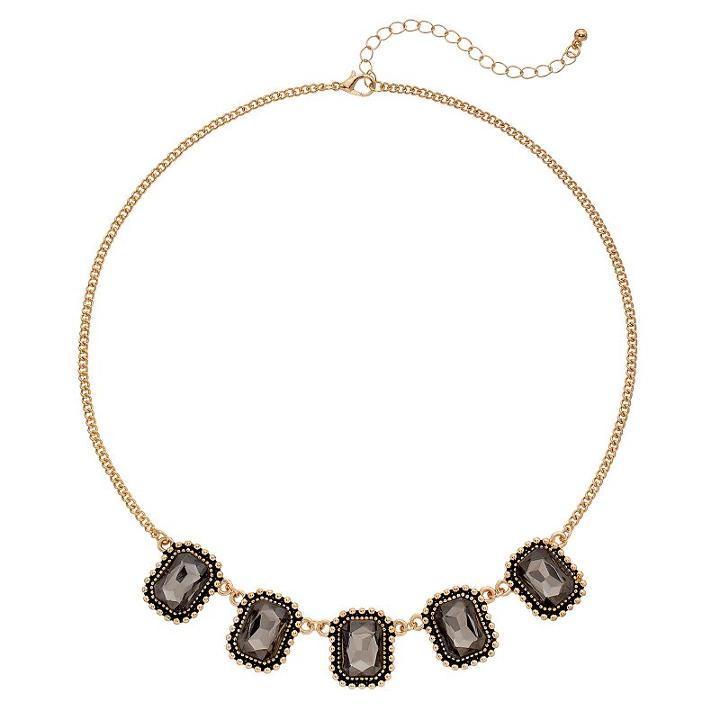 Black Rectangular Stone Necklace, Women's, Gold