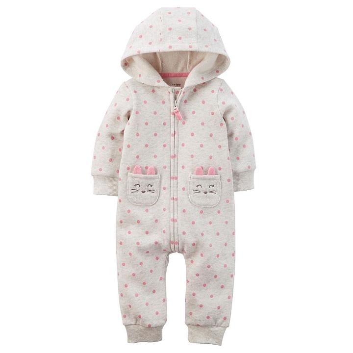 Baby Girl Carter's Hooded Polka-dot Fleece Coverall, Size: 12 Months, Light Grey