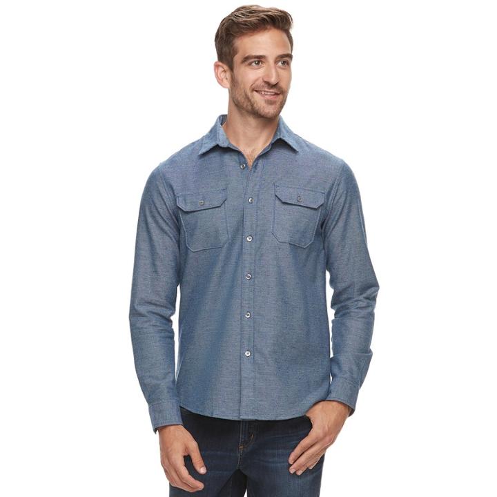 Men's Apt. 9&reg; Brushed Nep 2-pocket Woven Button-down Shirt, Size: Xxl, Blue