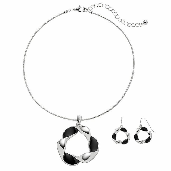 Black Twisted Round Pendant Necklace & Drop Earring Set, Women's