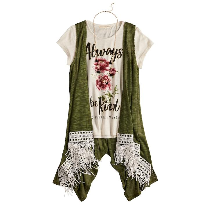 Girls 7-16 & Plus Size Self Esteem Graphic Tee Set With Vest & Necklace, Size: L Plus, Brt Green