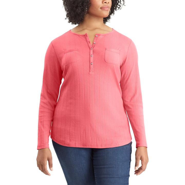 Plus Size Chaps Pocket Henley, Women's, Size: 3xl, Pink
