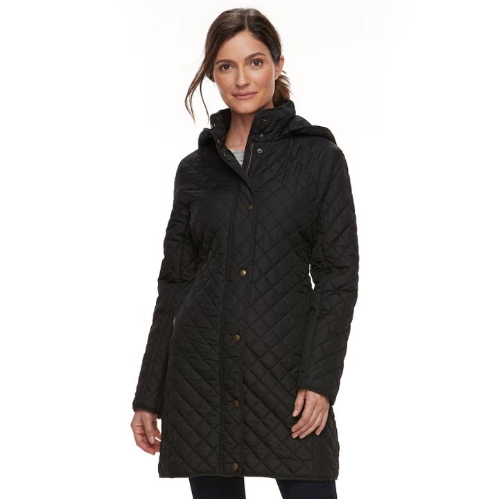 Women's Chaps Long Faux-leather Trim Quilted Jacket, Size: Xl, Black