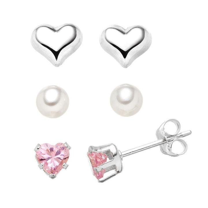 Charming Girl Kids' Sterling Silver Cubic Zirconia & Simulated Pearl Heart Stud Earring Set, Pink