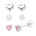 Charming Girl Kids' Sterling Silver Cubic Zirconia & Simulated Pearl Heart Stud Earring Set, Pink
