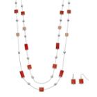 Red Marbled Geometric Double Strand Necklace & Drop Earring Set, Women's, Pink Other