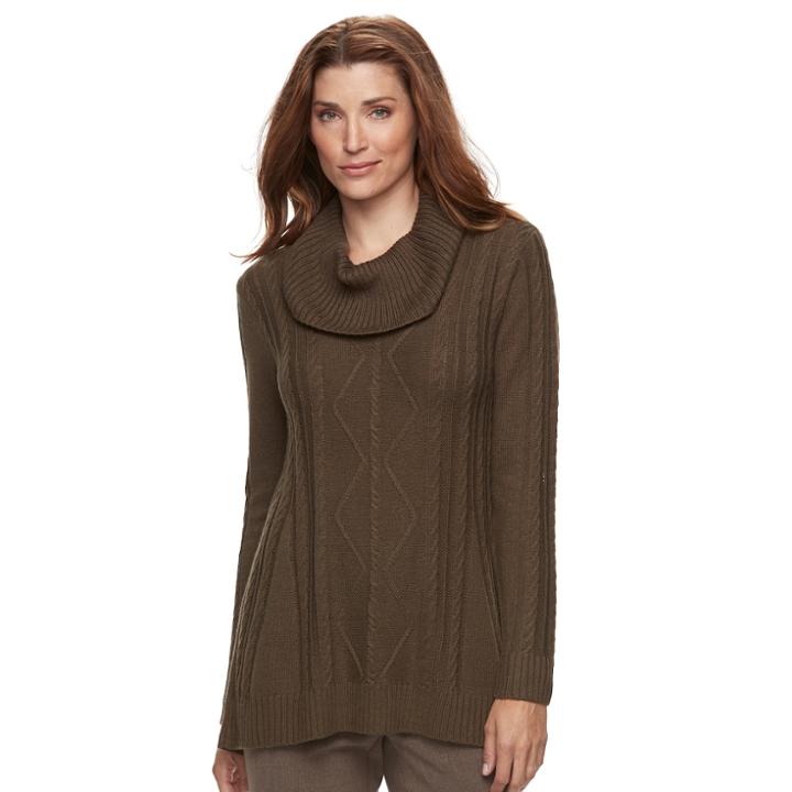 Petite Napa Valley Cable-knit Cowlneck Tunic, Women's, Size: Xl Petite, Dark Green