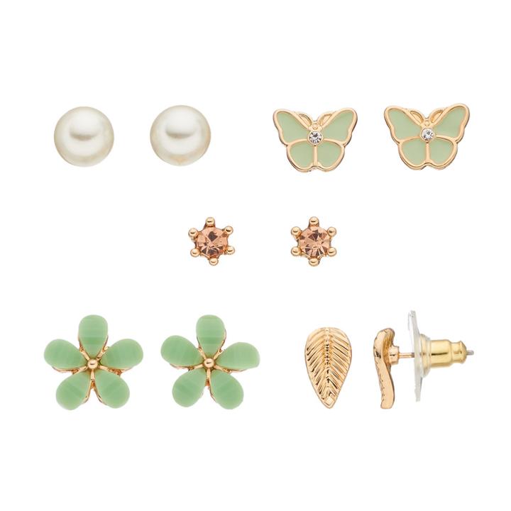 Lc Lauren Conrad Butterfly, Flower & Leaf Nickel Free Stud Earring Set, Women's, Lt Green
