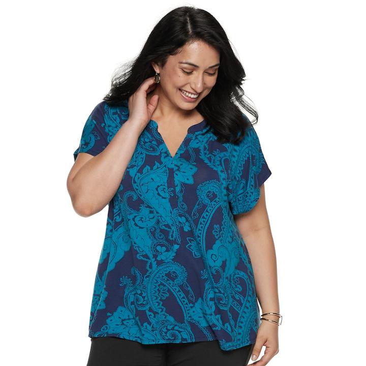 Plus Size Dana Buchman Geometric Placket Top, Women's, Size: 2xl, Dark Blue
