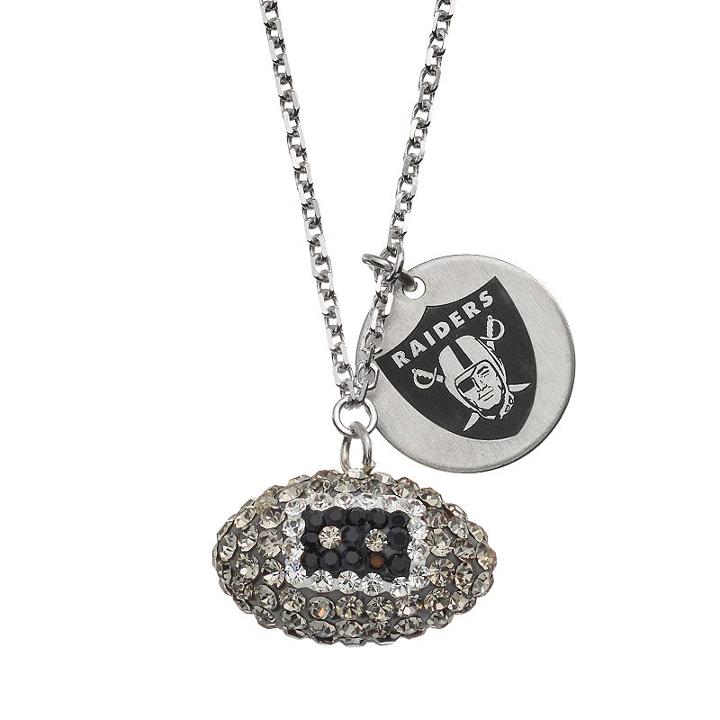 Oakland Raiders Crystal Sterling Silver Team Logo & Football Charm Necklace, Women's, Size: 18, Multicolor