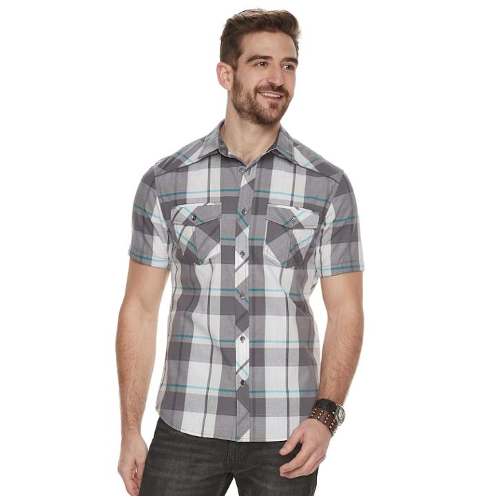 Men's Rock & Republic Plaid Button-down Shirt, Size: Medium, Dark Grey