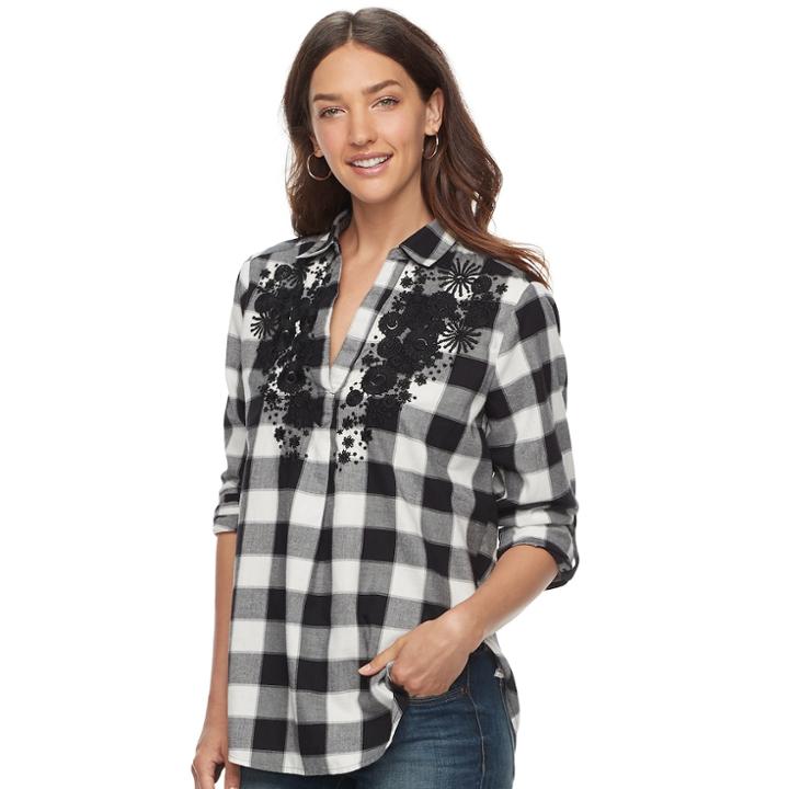 Women's Sonoma Goods For Life&trade; Embroidered Plaid Popover Top, Size: Xl, Black