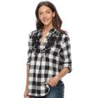 Women's Sonoma Goods For Life&trade; Embroidered Plaid Popover Top, Size: Xl, Black
