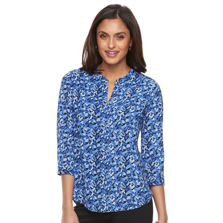 Women's Dana Buchman Printed Splitneck Top, Size: Medium, Brt Blue