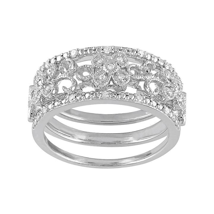 Diamond Flower Engagement Ring Set In Sterling Silver (1/10 Carat T.w.), Women's, Size: 6, White
