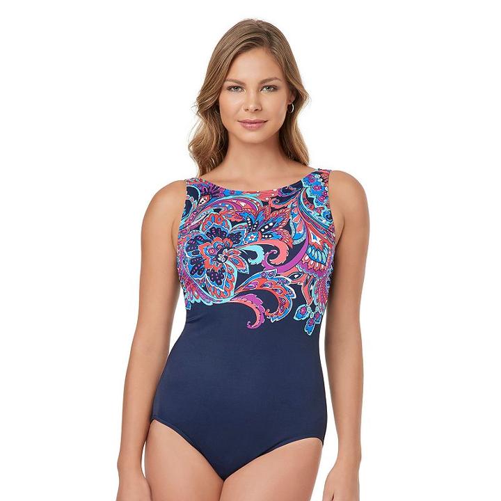 Women's Croft & Barrow&reg; Tummy Slimmer High-neck One-piece Swimsuit, Size: 8, Blue (navy)