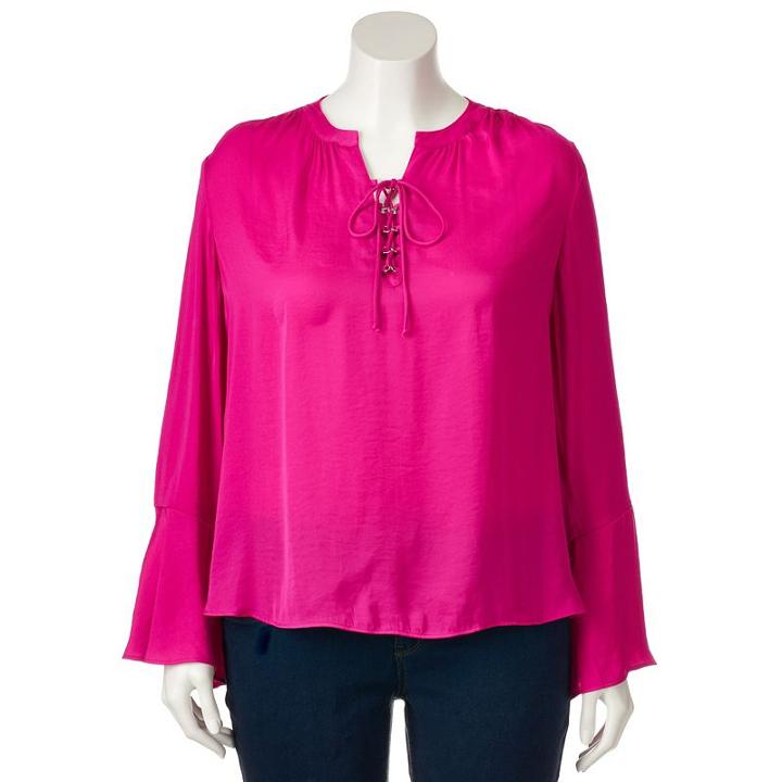 Plus Size Jennifer Lopez Lace-up Blouse, Women's, Size: 1xl, Brt Pink