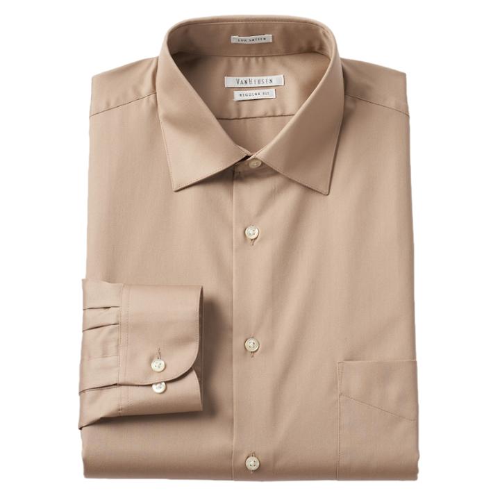 Men's Van Heusen Regular-fit Lux Sateen Dress Shirt, Size: 16.5-34/35, Dark Beige