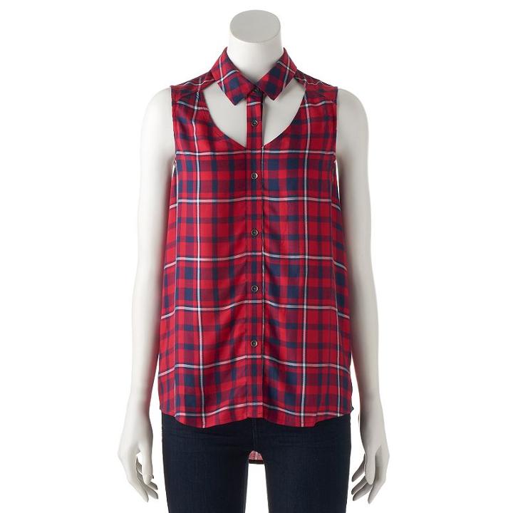 Women's Rock & Republic&reg; Plaid Cutout Tank, Size: Large, Med Red