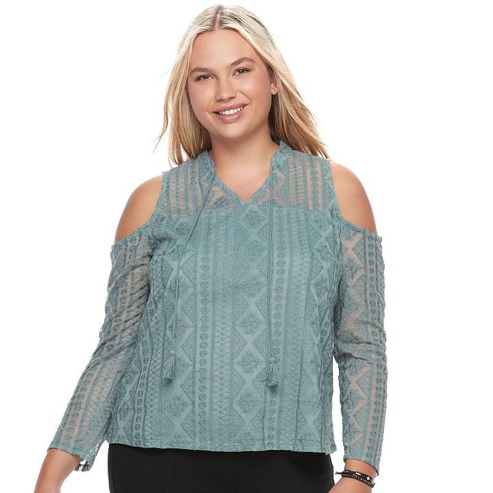 Juniors' Plus Size Mudd&reg; Illusion Lace Cold-shoulder Top, Teens, Size: 2xl, Blue