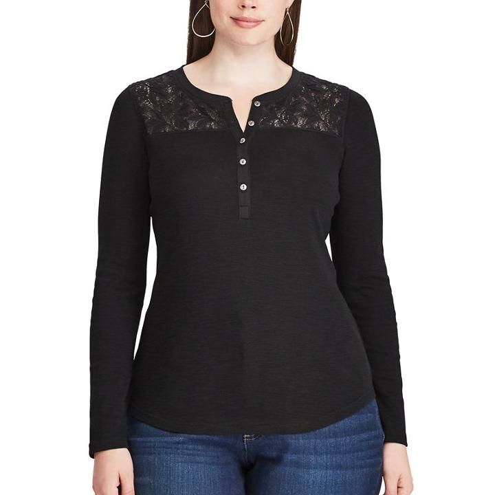 Plus Size Chaps Lace Yoke Henley Shirt, Women's, Size: 1xl, Black