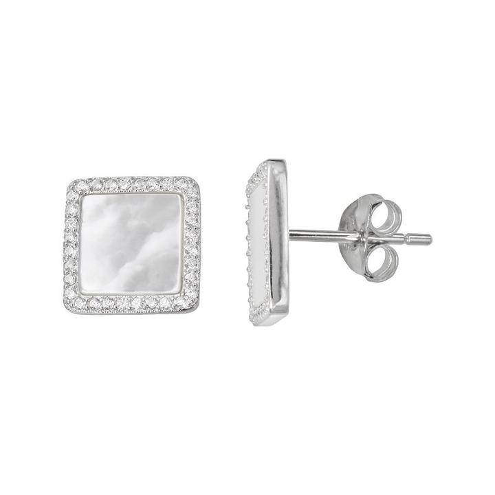 Sterling Silver Cubic Zirconia & Mother-of-pearl Halo Stud Earrings, Women's, White