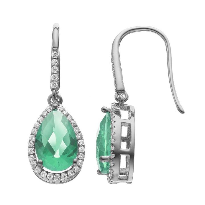Rebecca Sloane Green Obsidian & Cubic Zirconia Platinum Over Silver Halo Teardrop Earrings, Women's