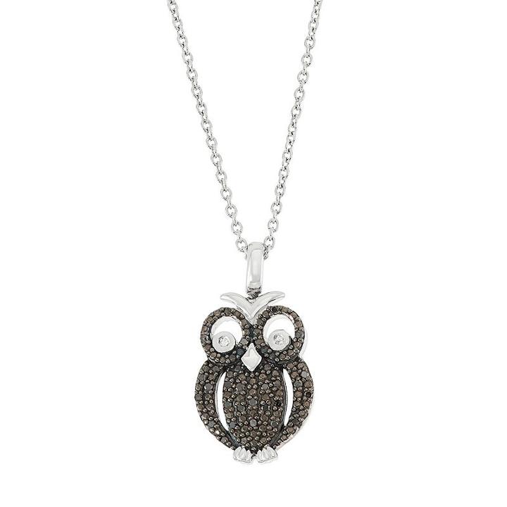 Sterling Silver 1/5 Carat T.w. Black & White Diamond Owl Pendant Necklace, Women's, Size: 18