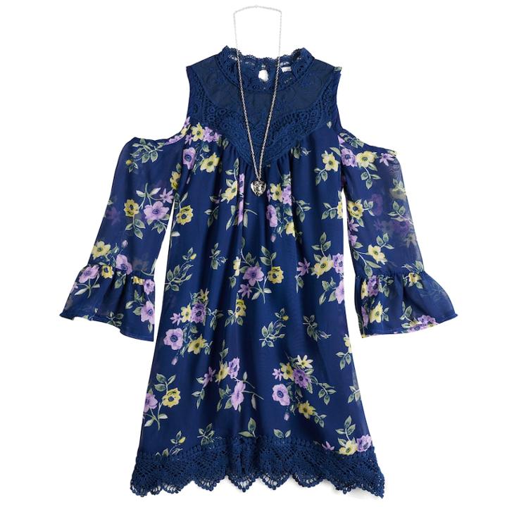 Girls 7-16 Beautees Cold Shoulder Crocheted Trim Shift Dress With Necklace, Size: 12, Blue (navy)