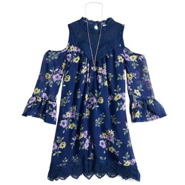 Girls 7-16 Beautees Cold Shoulder Crocheted Trim Shift Dress With Necklace, Size: 12, Blue (navy)