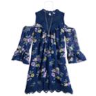 Girls 7-16 Beautees Cold Shoulder Crocheted Trim Shift Dress With Necklace, Size: 12, Blue (navy)