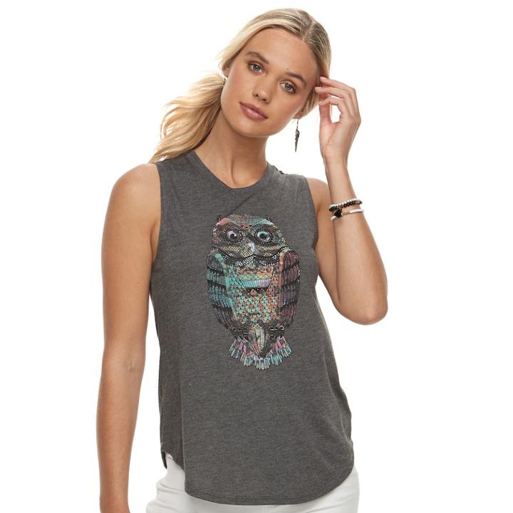 Juniors' Shirttail Hem Owl Graphic Tank, Teens, Size: Xl, Grey (charcoal)