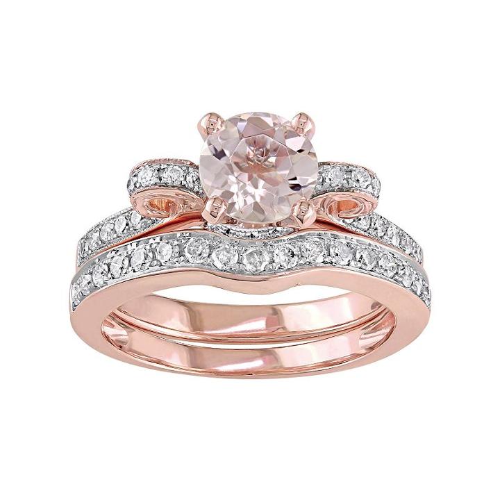 14k Rose Gold Morganite & 1/2 Carat T.w. Diamond Engagement Ring Set, Women's, Size: 9, Pink
