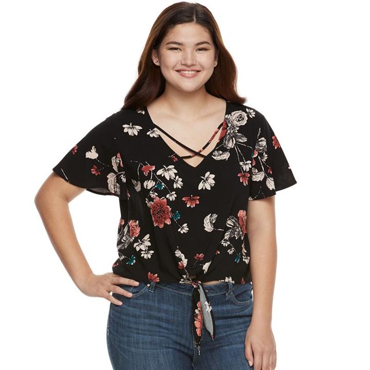 Juniors' Plus Size Mudd&reg; Print Tie-front Top, Girl's, Size: 1xl, Black