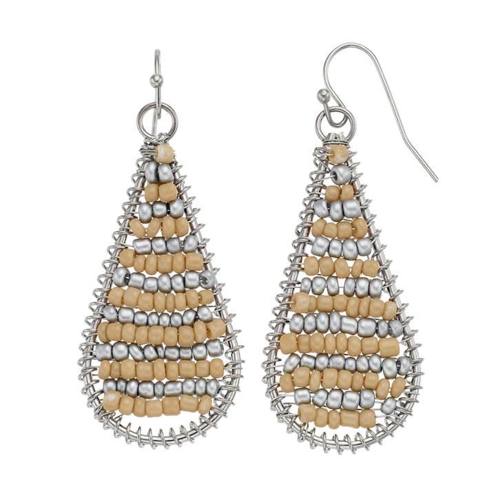 Two Tone Seed Bead Nickel Free Woven Teardrop Earrings, Women's, Lt Brown