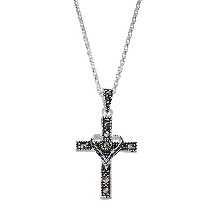 Silver Luxuries Marcasite Heart Cross Pendant Necklace, Women's, Grey