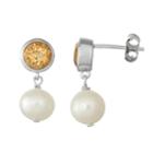 Sterling Silver Citrine & Freshwater Cultured Pearl Drop Earrings, Women's, Yellow