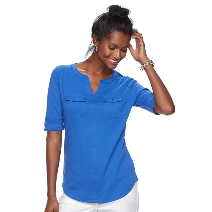 Women's Croft & Barrow&reg; Pocket Roll-tab Tee, Size: Medium, Blue (navy)