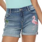 Juniors' Rewind High-waisted Palm Tree & Flamingo Midi Denim Shorts, Teens, Size: 0, Med Blue