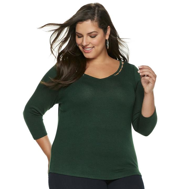 Plus Size Jennifer Lopez Beaded-inset V-neck Top, Women's, Size: 1xl, Dark Green