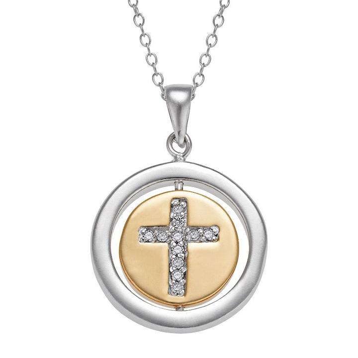 Two Tone 10k Gold Over Silver Cubic Zirconia Cross Pendant Necklace, Women's, Size: 18, White