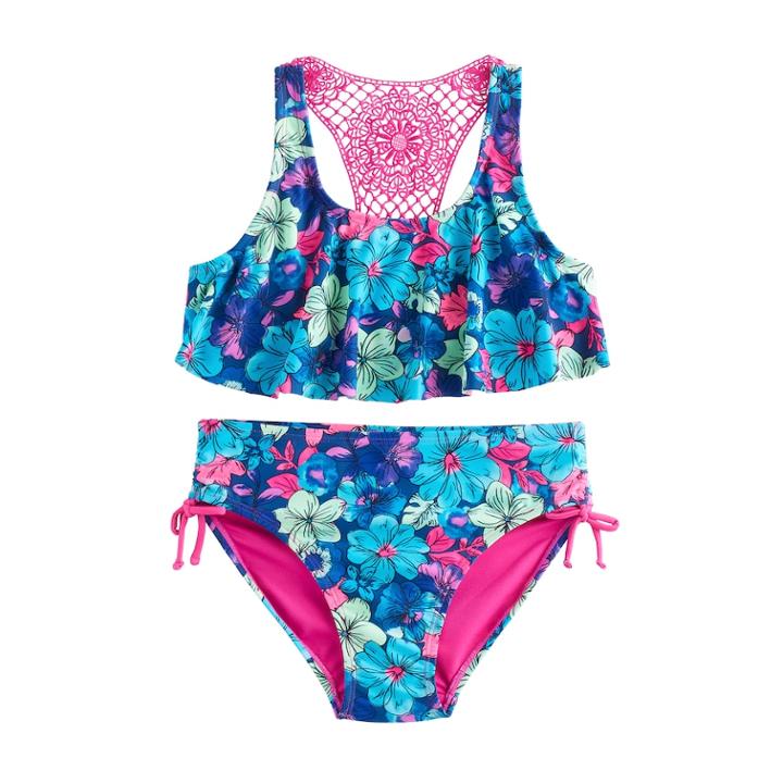 Girls 7-16 So&reg; Sketchbook Flower Bikini Top & Bottoms Swimsuit Set, Size: 7-8, Blue