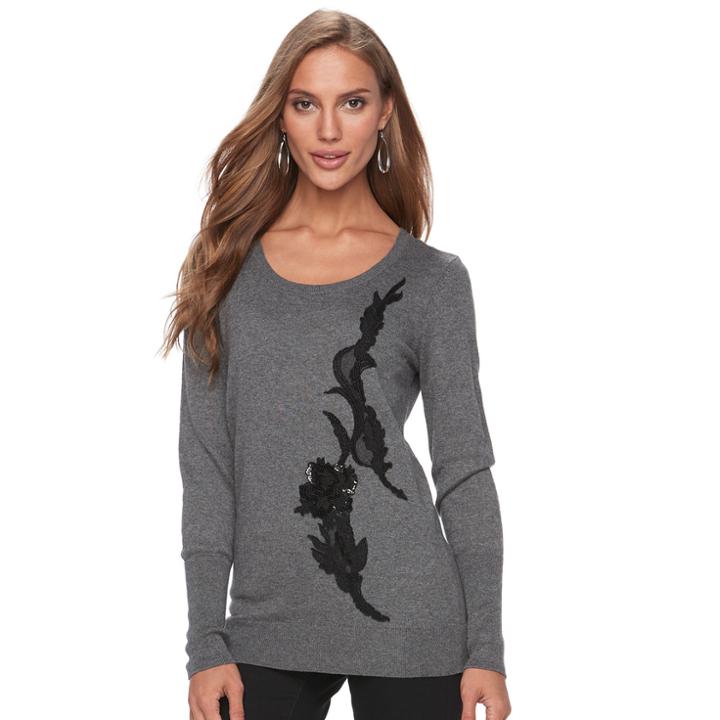 Women's Apt. 9&reg; Sequin Applique Crewneck Sweater, Size: Xs, Med Grey