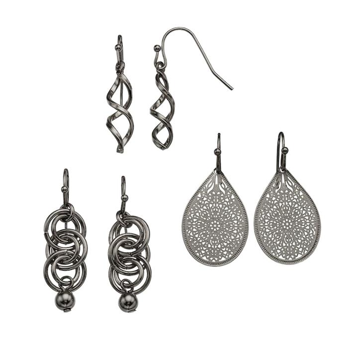 Twist, Hoop & Filigree Drop & Teardrop Earring Set, Women's, Black