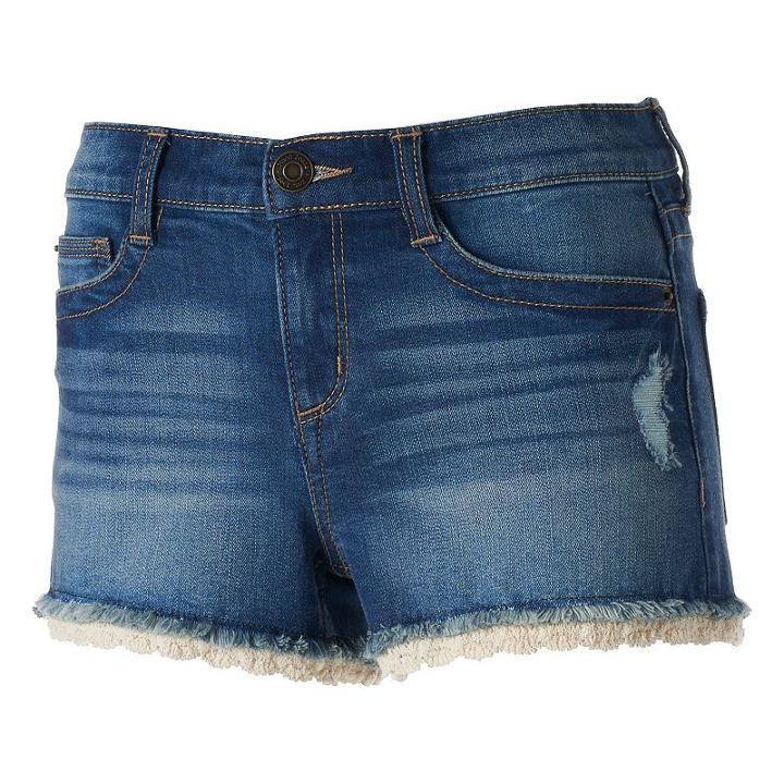 Juniors' Mudd&reg; Flx Stretch Crochet Hem Shortie Shorts, Girl's, Size: 0, Blue Other
