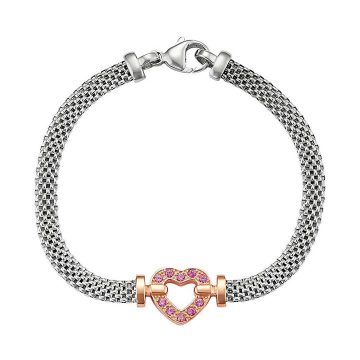 Two Tone Sterling Silver Lab-created Pink Sapphire Heart Bracelet, Women's, Size: 7.25