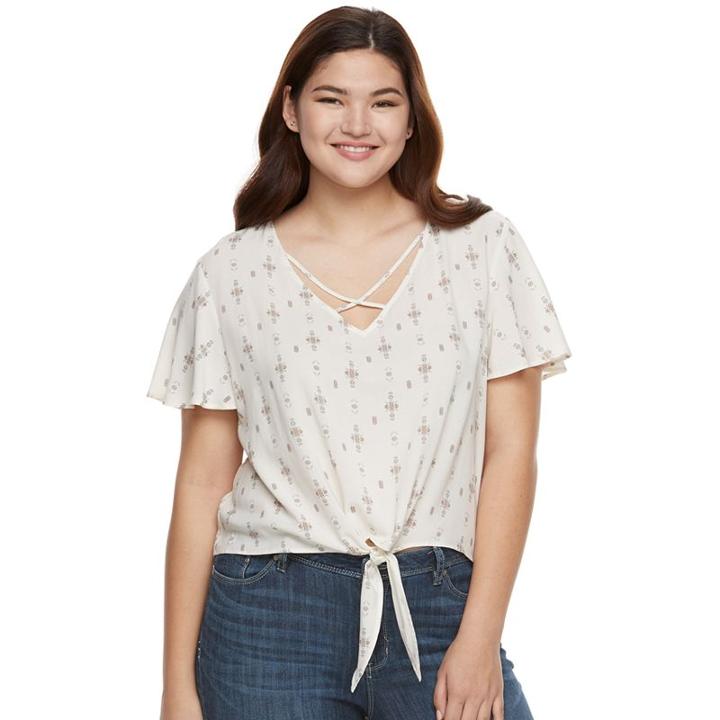 Juniors' Plus Size Mudd&reg; Print Tie-front Top, Girl's, Size: 3xl, White Oth