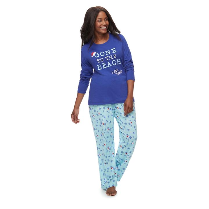 Women's Plus Jammies For Your Families Gone To The Beach Love, Santa Top & Starfish Pattern Bottoms Pajama Set, Size: 3xl, Turquoise/blue (turq/aqua)