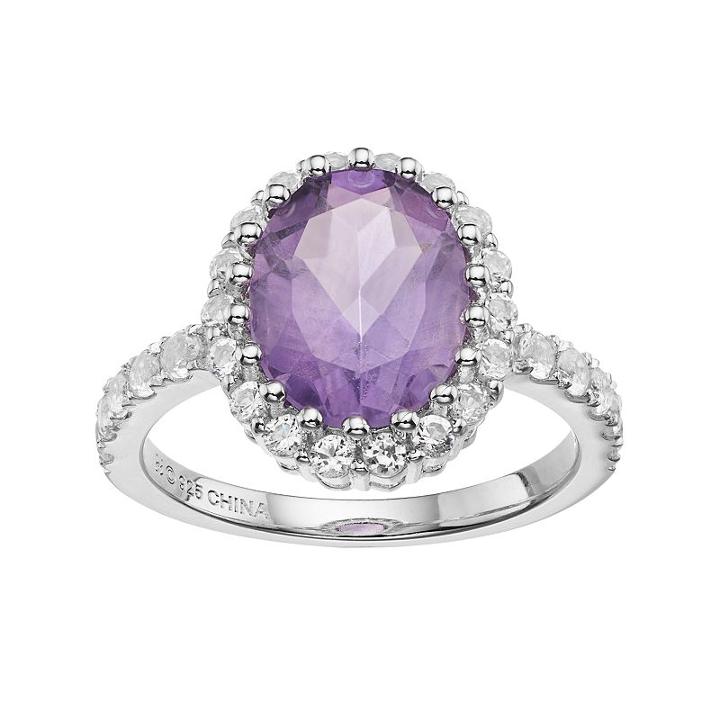 Sterling Silver Amethyst & White Topaz Oval Halo Ring, Women's, Size: 9, Purple