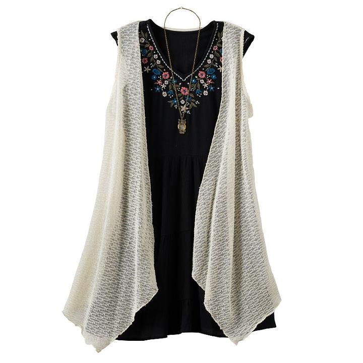 Girls 7-16 Knitworks Open Knit Vest & Embroidered Gauze Dress Set With Necklace, Size: 10, Black